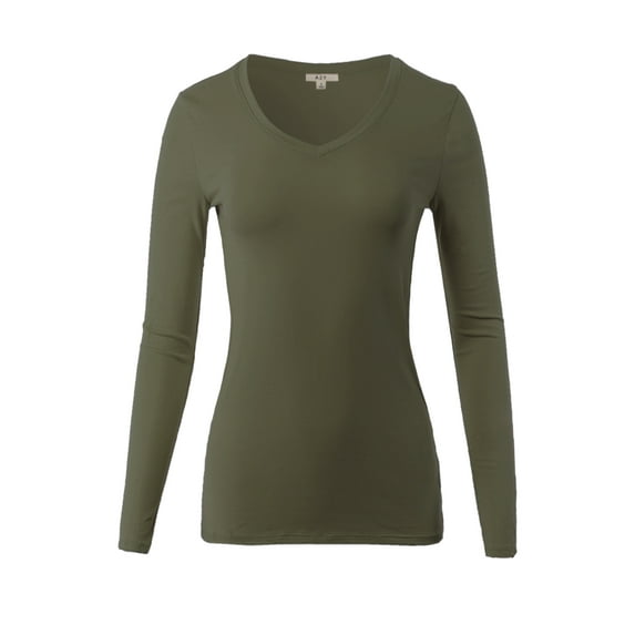 A2Y Women's Junior Slim Fit Basic Solid Cotton Long Sleeve V-neck Top Shirt Dark Olive L