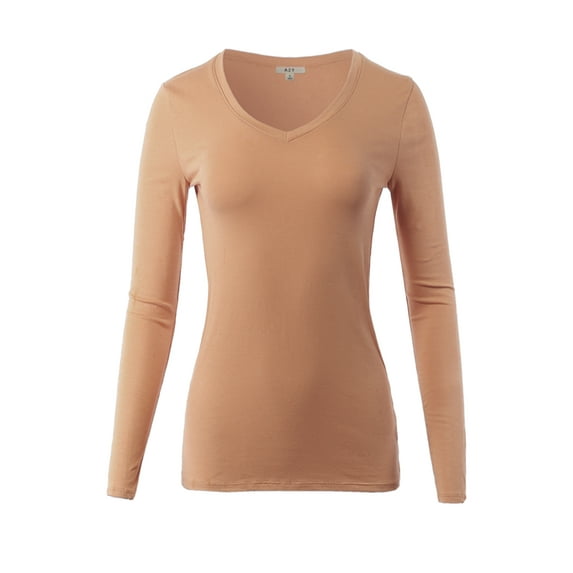 A2Y Women's Junior Slim Fit Basic Solid Cotton Long Sleeve V-neck Top Shirt Eggshell XL