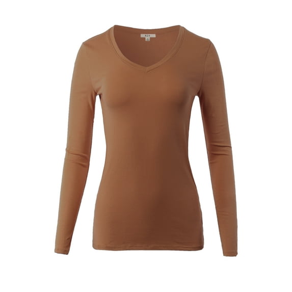 A2Y Women's Junior Slim Fit Basic Solid Cotton Long Sleeve V-neck Top Shirt Light Brown M