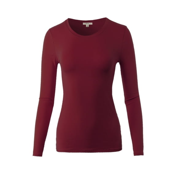 A2Y Women's Junior Slim Fit Solid Cotton Long Sleeve Crew Neck Top T-Shirt Dark Burgundy L
