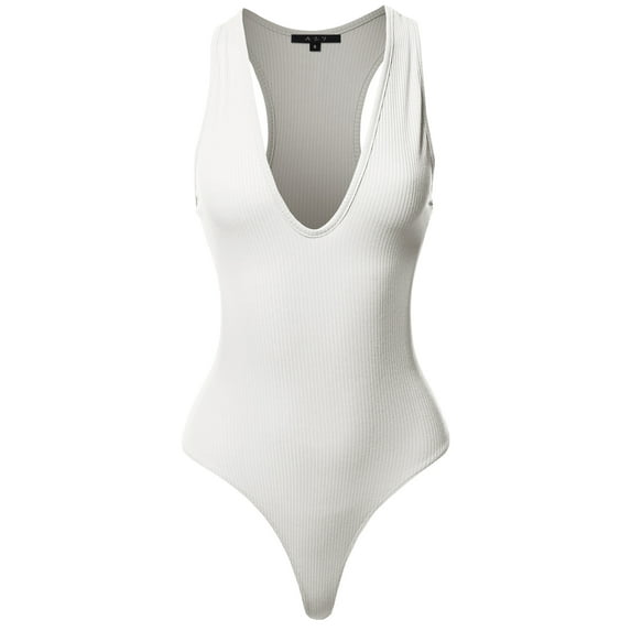 A2Y Women's Lightweight Deep V-Neck Ribbed Racerback Bodysuit Ivory S