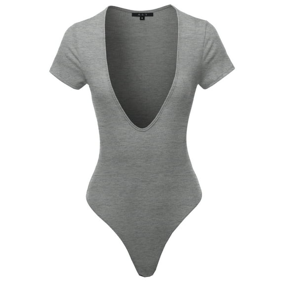 A2Y Women's Lightweight Deep V-Neck Ribbed Short Sleeve Bodysuit Heather Grey M