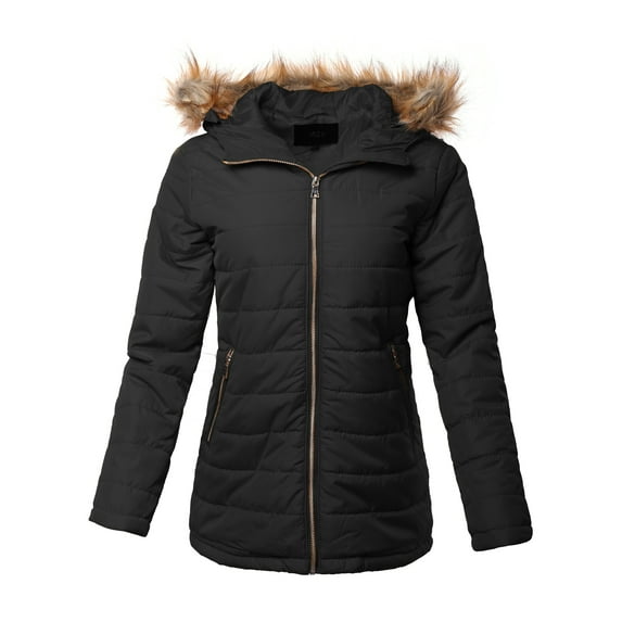 A2Y Women's Lightweight Hip Length Faux Fur Hoodie Puffer Outerwear Jacket Black 1XL