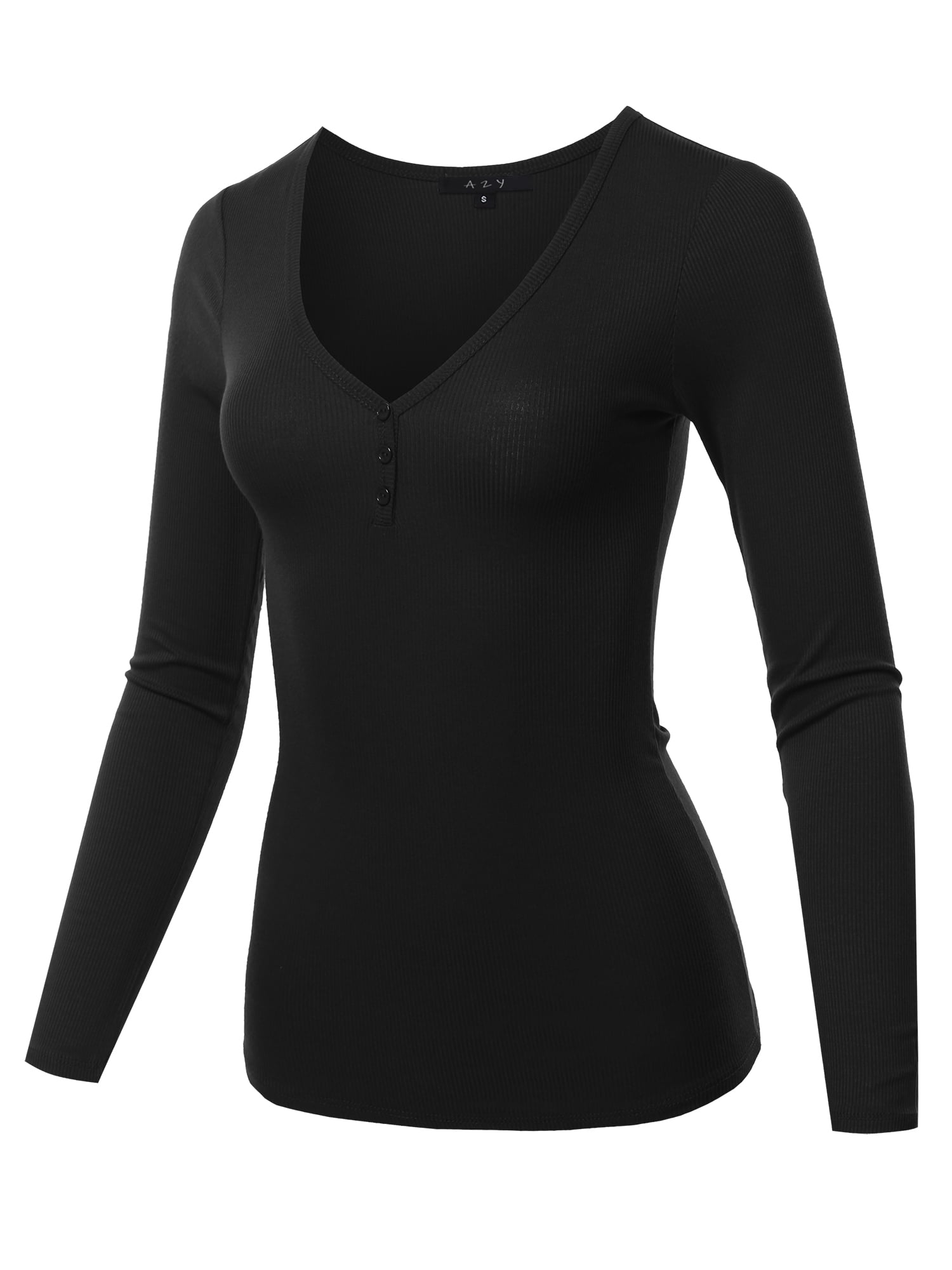 Roselux Women V Neck Ribbed Long Sleeve Shirt Fitted Basic Henley Knit Top  Black S at  Women's Clothing store