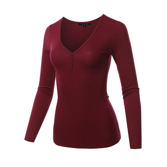A2Y Women's Lightweight Long Sleeve V-Neck Ribbed Henley Tops Tees Cherry Wood M