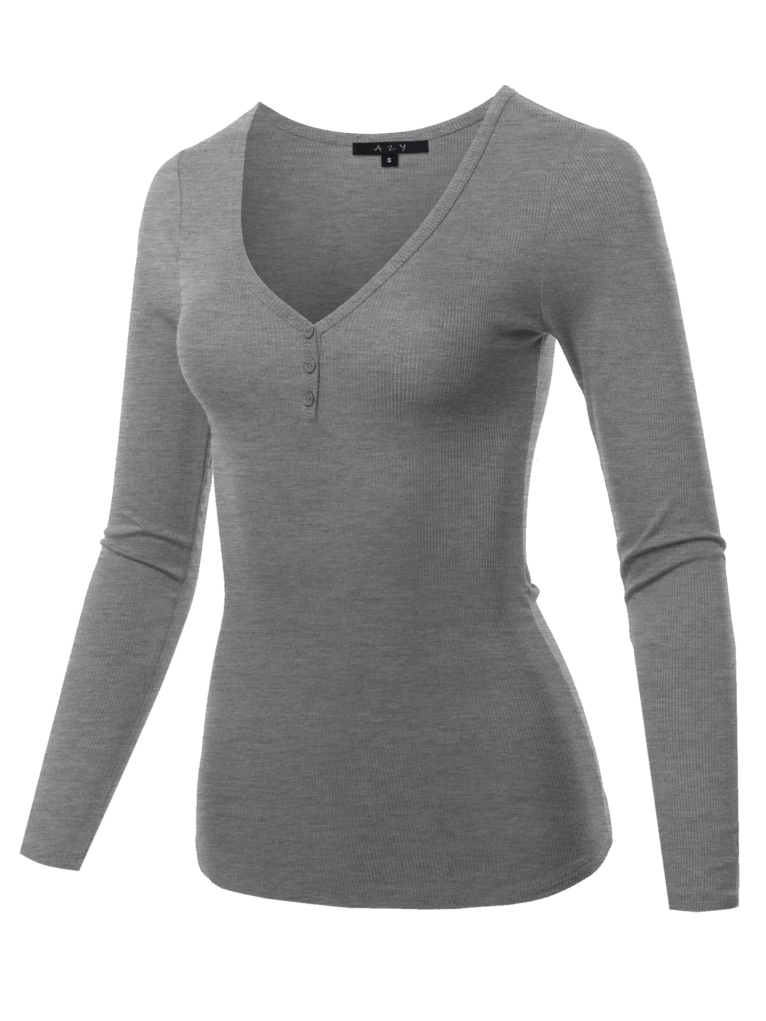 A2Y Women's Lightweight Long Sleeve V-Neck Ribbed Henley Tops Tees Mid ...