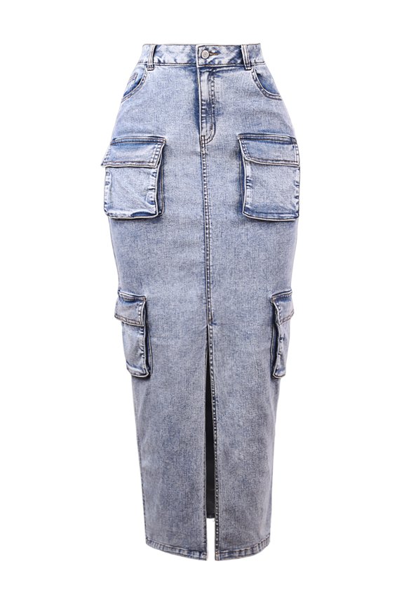 Women's Long Denim Cargo Skirts Light Navy L