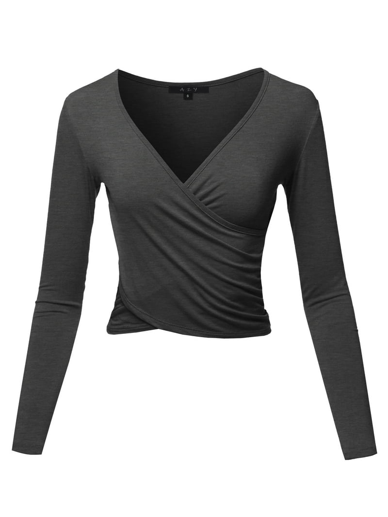 A2Y Women's Long Sleeve Deep V Neck Cross Wrap Crop Top T Shirts