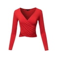 thumbnail image 1 of A2Y Women's Long Sleeve Deep V Neck Cross Wrap Crop Top T Shirts Red M, 1 of 6