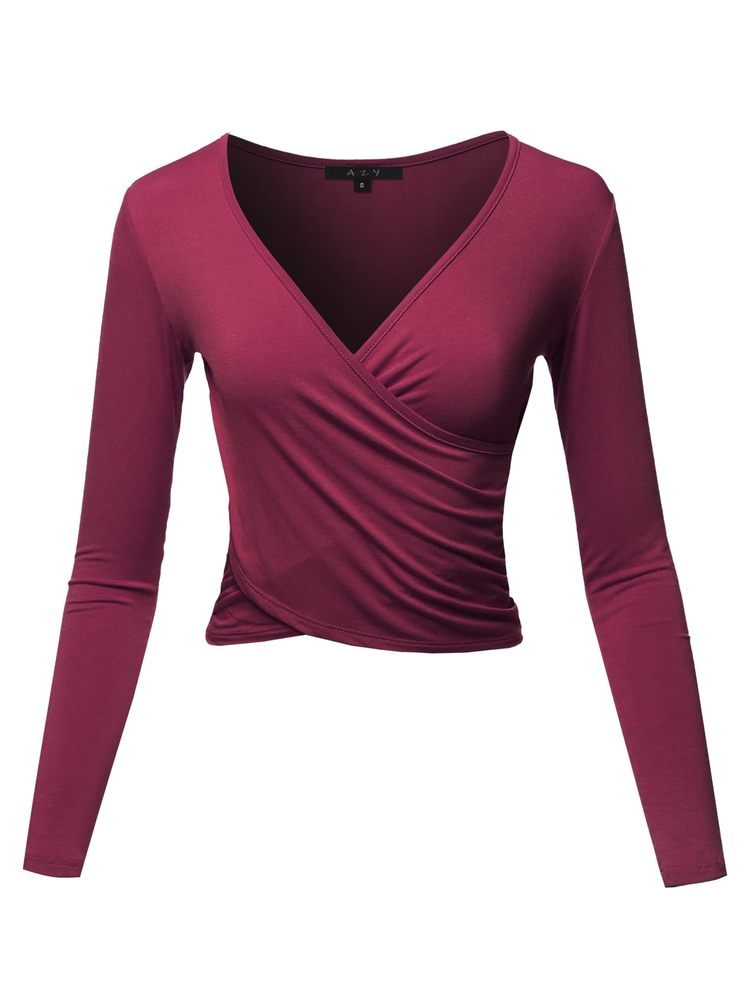 A2Y Women's Long Sleeve Deep V Neck Cross Wrap Crop Top T Shirts Wine L 