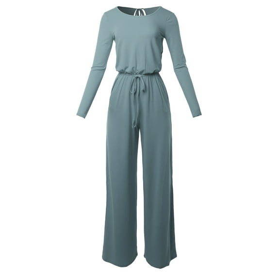A2Y Women's Long Sleeve Wide Leg Elastic Waist Back Key Hole Long Pants Jumpsuit Cement XL