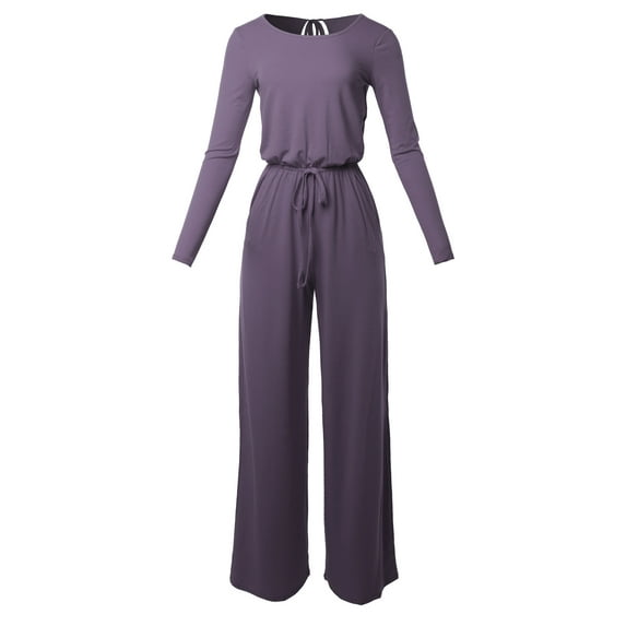 A2Y Women's Long Sleeve Wide Leg Elastic Waist Back Key Hole Long Pants Jumpsuit Lilac Grey 3XL