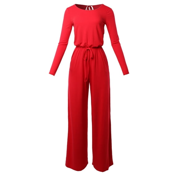 A2Y Women's Long Sleeve Wide Leg Elastic Waist Back Key Hole Long Pants Jumpsuit Ruby M