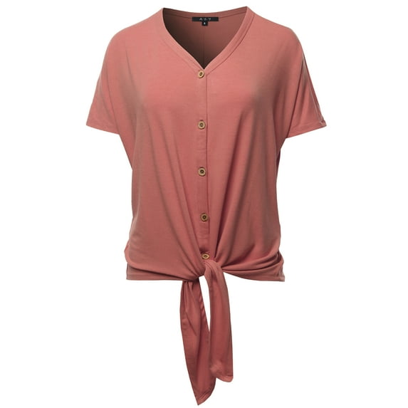 A2Y Women's Loose Fit Short Sleeve Button Down Front Tie Top Ash Rose 3XL