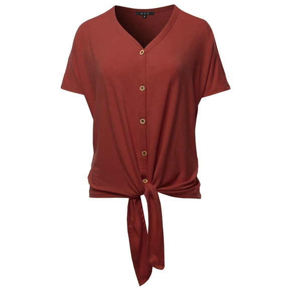 A2Y Women's Loose Fit Short Sleeve Button Down Front Tie Top Fired Brick S