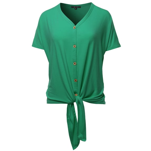 A2Y Women's Loose Fit Short Sleeve Button Down Front Tie Top Kelly Green XL