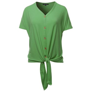 A2Y Women's Loose Fit Short Sleeve Button Down Front Tie Top Kiwi M