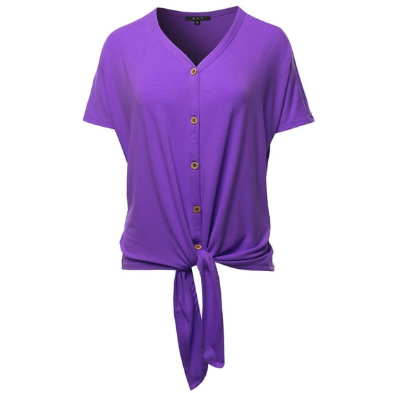 A2Y Women's Loose Fit Short Sleeve Button Down Front Tie Top Purple M