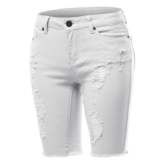 A2Y Women's Mid Rise Distressed Knee Length Zipper Denim Bermuda Shorts White S