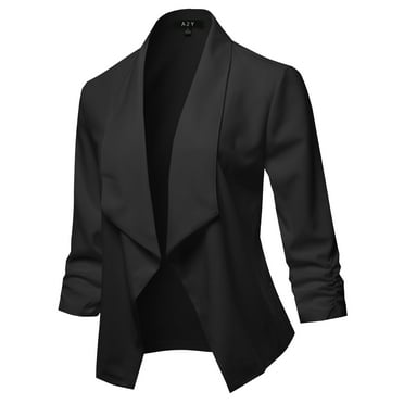 A2Y Women's Open Front Crepe Stretchable 3/4 Sleeve Office Blazer Jacket Black S