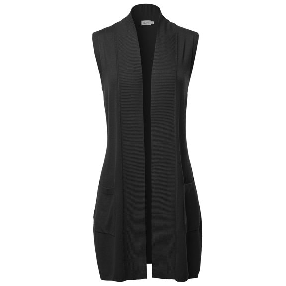 A2Y Women's Open Front Long Sleeveless Draped Side Pockets Vest Knit Sweater Black XL