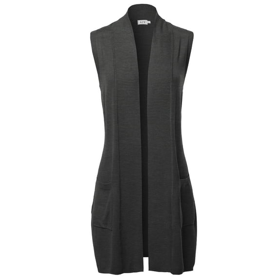 A2Y Women's Open Front Long Sleeveless Draped Side Pockets Vest Knit Sweater Charcoal Grey M