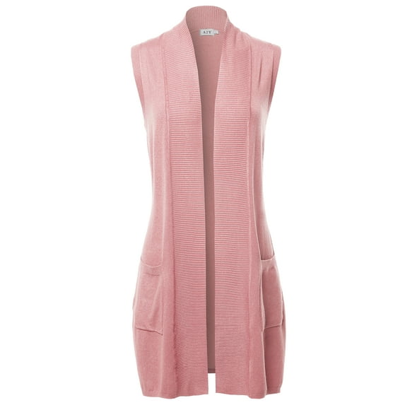 A2Y Women's Open Front Long Sleeveless Draped Side Pockets Vest Knit Sweater Dusty Pink XL