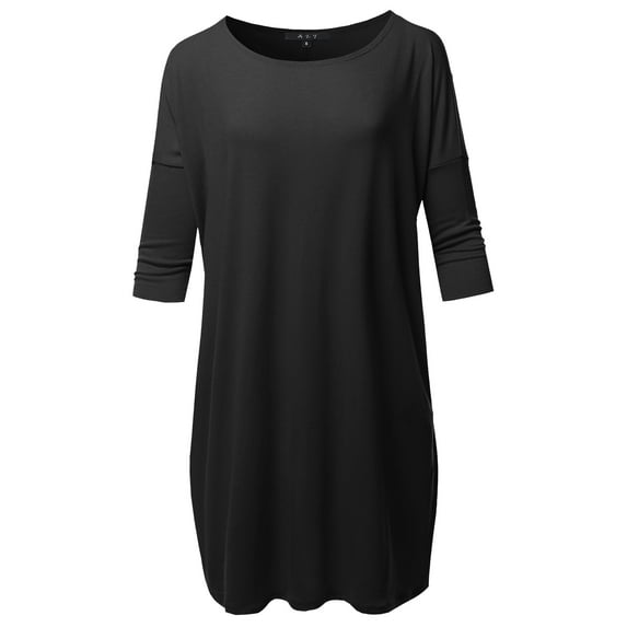 A2Y Women's Oversized Crew Neck 3/4 Sleeve Side Pockets Drop Shoulder Boxy Top Black 3XL