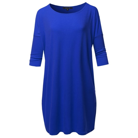 A2Y Women's Oversized Crew Neck 3/4 Sleeve Side Pockets Drop Shoulder Boxy Top Denim Blue 1XL