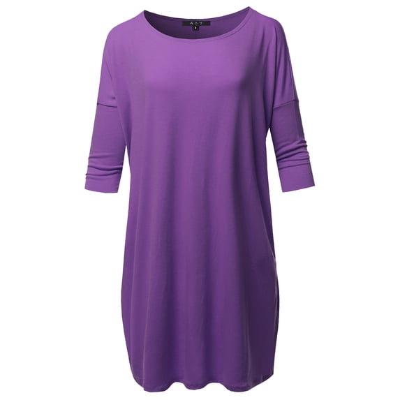 A2Y Women's Oversized Crew Neck 3/4 Sleeve Side Pockets Drop Shoulder Boxy Top Purple 2XL