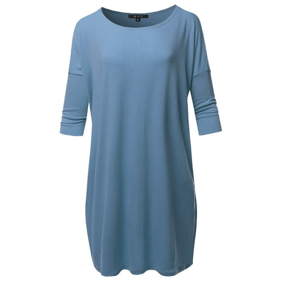 A2Y Women's Oversized Crew Neck 3/4 Sleeve Side Pockets Drop Shoulder Boxy Top Titanium 1XL