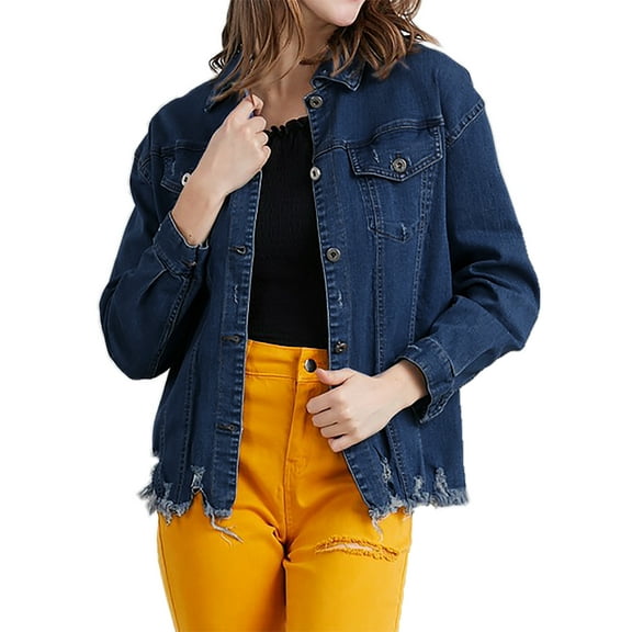 A2Y Women's Oversized Unhemmed Long Sleeve Button Down Denim Jackets Dark Wash S