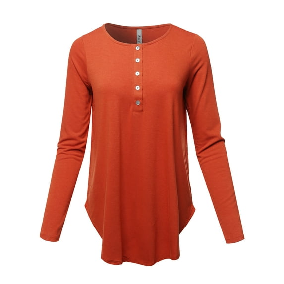 A2Y Women's Premium Solid Long Sleeve Dolphin Hem Shell Button Henley Top Shirt Copper S