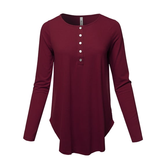 A2Y Women's Premium Solid Long Sleeve Dolphin Hem Shell Button Henley Top Shirt Dark Burgundy 3XL