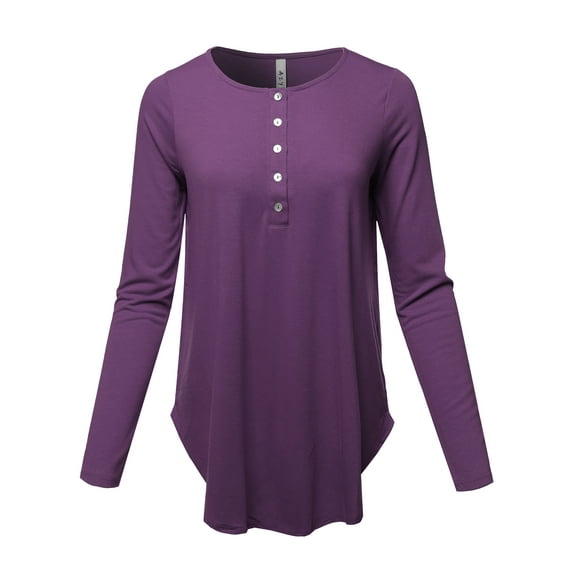 A2Y Women's Premium Solid Long Sleeve Dolphin Hem Shell Button Henley Top Shirt Dark Purple 1XL