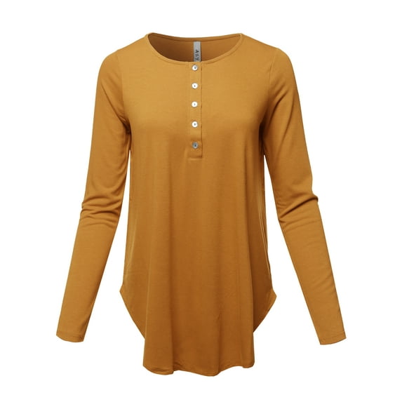A2Y Women's Premium Solid Long Sleeve Dolphin Hem Shell Button Henley Top Shirt Desert Mustard 3XL
