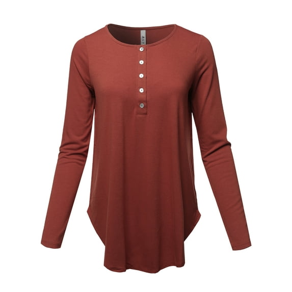 A2Y Women's Premium Solid Long Sleeve Dolphin Hem Shell Button Henley Top Shirt Fired Brick M
