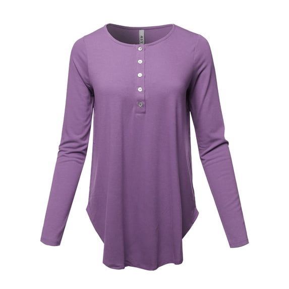 A2Y Women's Premium Solid Long Sleeve Dolphin Hem Shell Button Henley Top Shirt Lilac Grey M