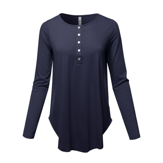 A2Y Women's Premium Solid Long Sleeve Dolphin Hem Shell Button Henley Top Shirt Navy 2XL