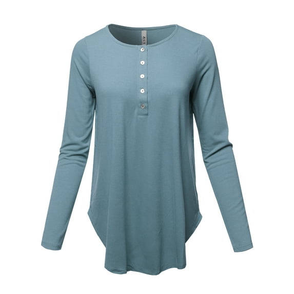 A2Y Women's Premium Solid Long Sleeve Dolphin Hem Shell Button Henley Top Shirt Titanium S