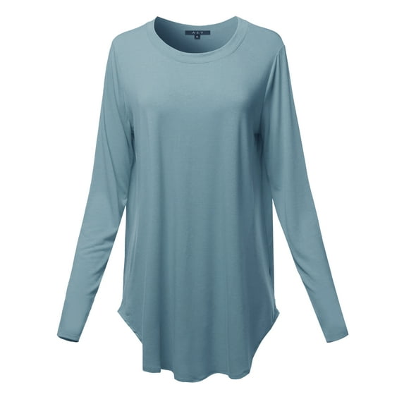 A2Y Women's Premium Solid Long Sleeve Round Hem Crew Neck Top Shirt Blue Grey 1XL