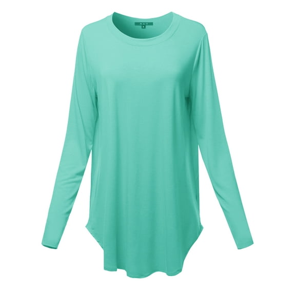 A2Y Women's Premium Solid Long Sleeve Round Hem Crew Neck Top Shirt Blue Mint 1XL