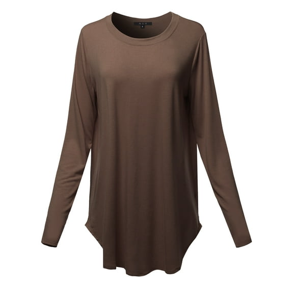 A2Y Women's Premium Solid Long Sleeve Round Hem Crew Neck Top Shirt Brown M