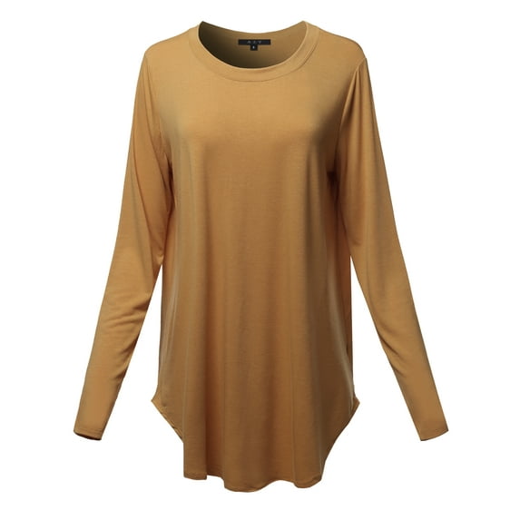 A2Y Women's Premium Solid Long Sleeve Round Hem Crew Neck Top Shirt Coffee M
