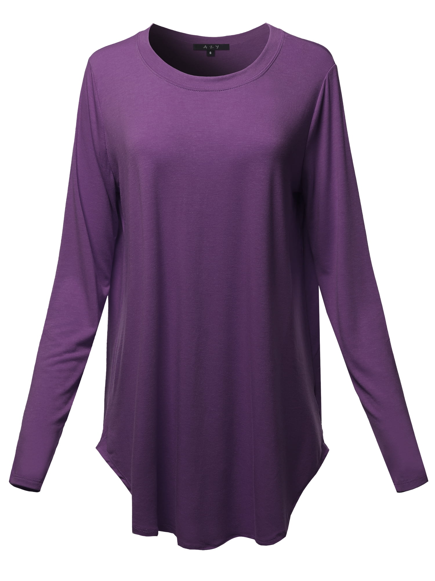 A2Y Women's Premium Solid Long Sleeve Round Hem Crew Neck Top Shirt Dark Purple S