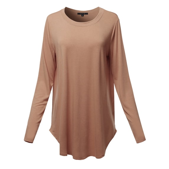 A2Y Women's Premium Solid Long Sleeve Round Hem Crew Neck Top Shirt Eggshell 1XL