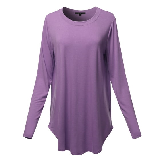 A2Y Women's Premium Solid Long Sleeve Round Hem Crew Neck Top Shirt Lilac Grey L