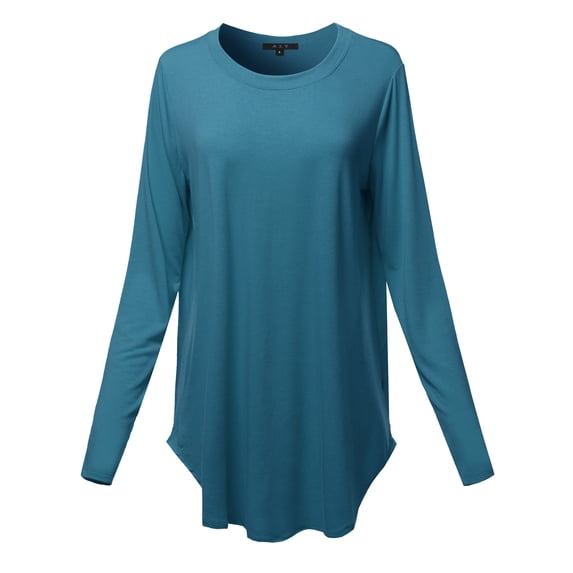 A2Y Women's Premium Solid Long Sleeve Round Hem Crew Neck Top Shirt Teal XL