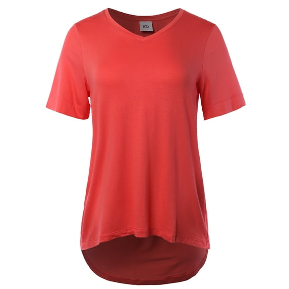A2Y Women's Rayon Spandex V-Neck Jersey Knit Shirt Top Coral Silk M