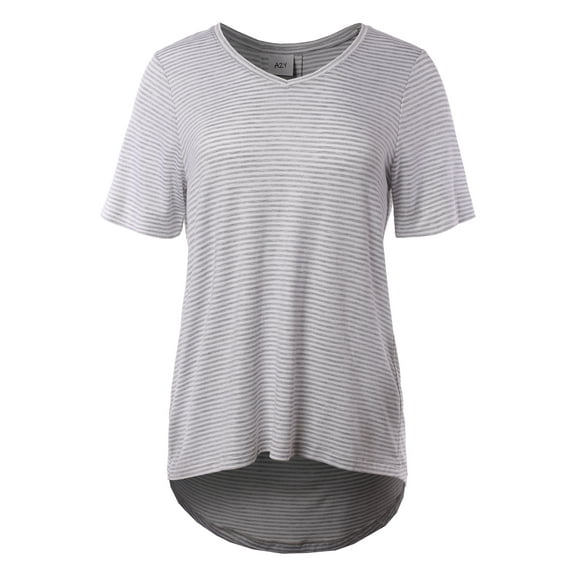 A2Y Women's Rayon Spandex V-Neck Jersey Knit Shirt Top Light Heather Stripe S